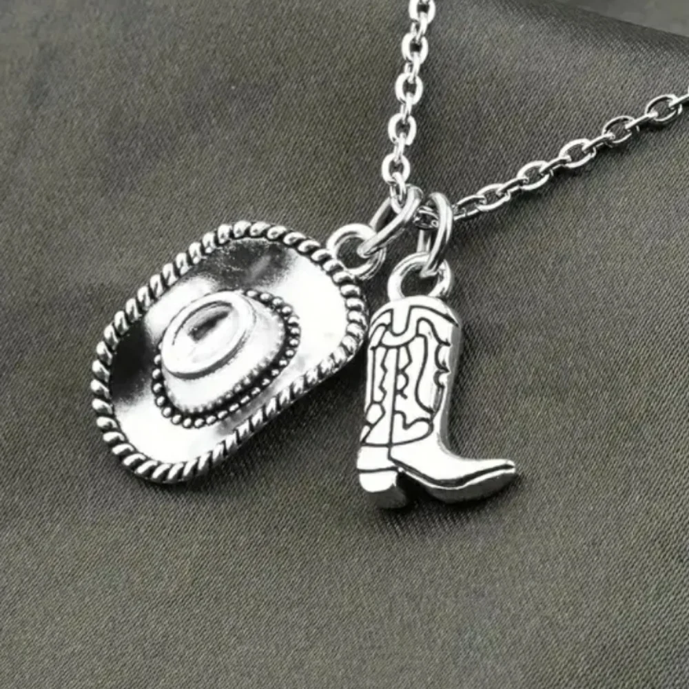 NEW Silver Cowboy Hat and Boot Pendant Necklace